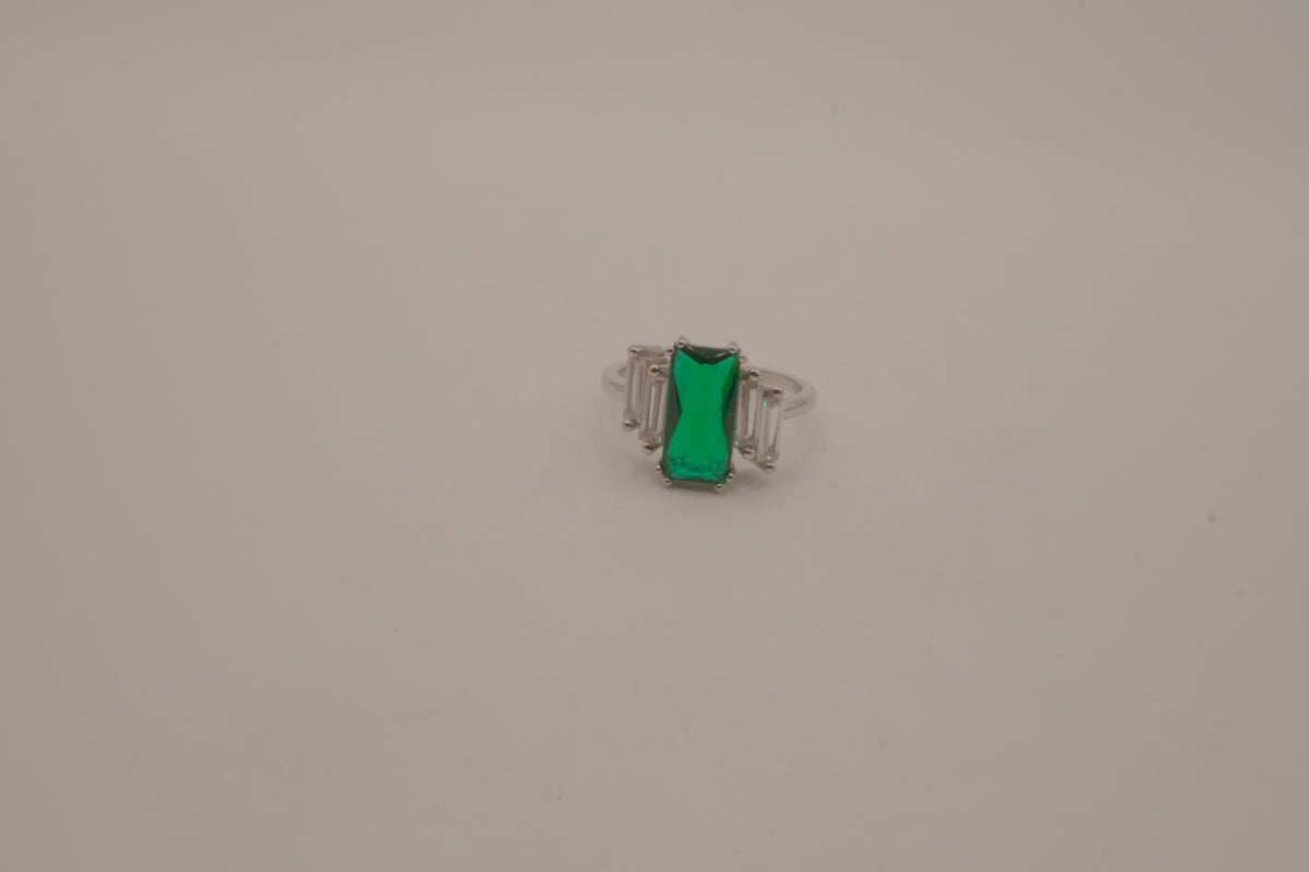 Sterling silver emerald-cut green gemstone ring