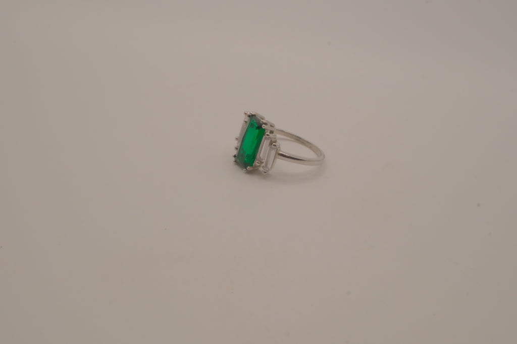 Sterling silver emerald-cut green gemstone ring