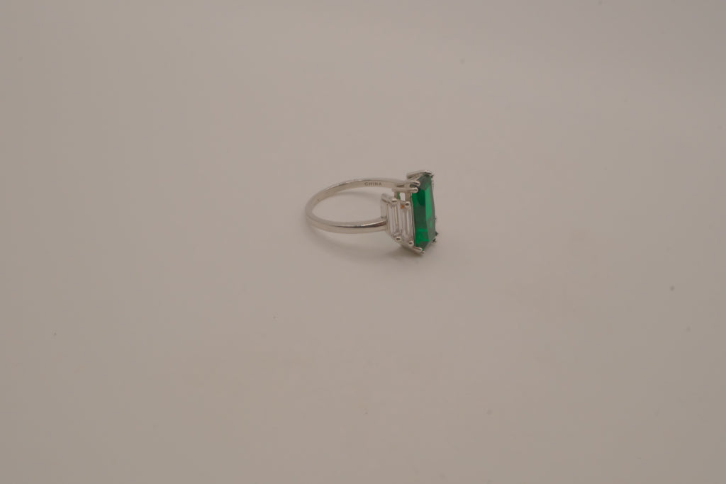 Sterling silver emerald-cut green gemstone ring