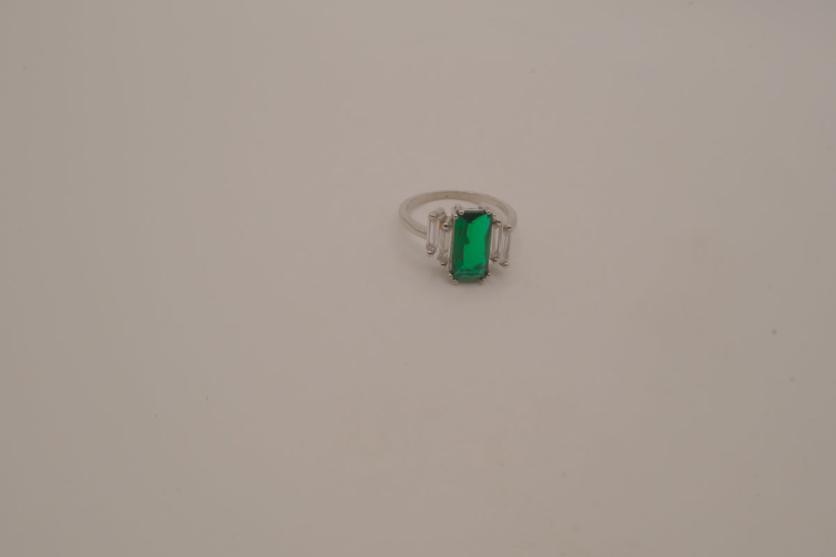 Sterling silver emerald-cut green gemstone ring