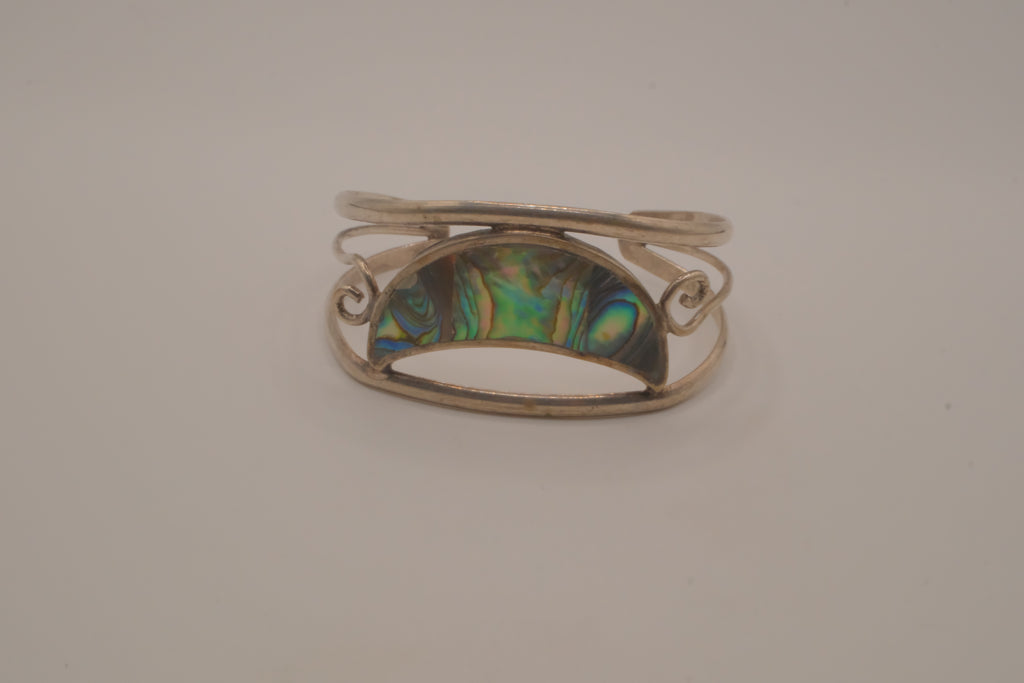 Vintage Mexican Alpaca silver Abalone crescent cuff bracelet