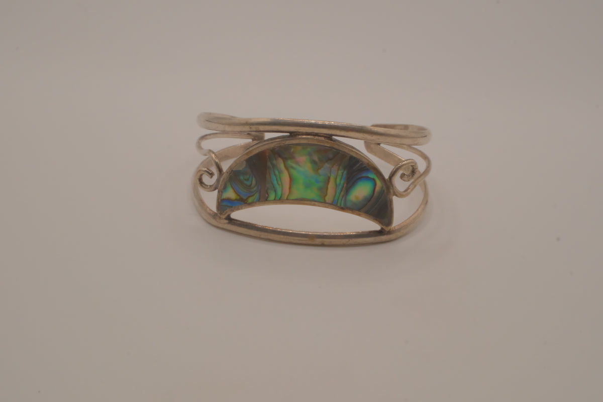 Vintage Mexican Alpaca silver Abalone crescent cuff bracelet