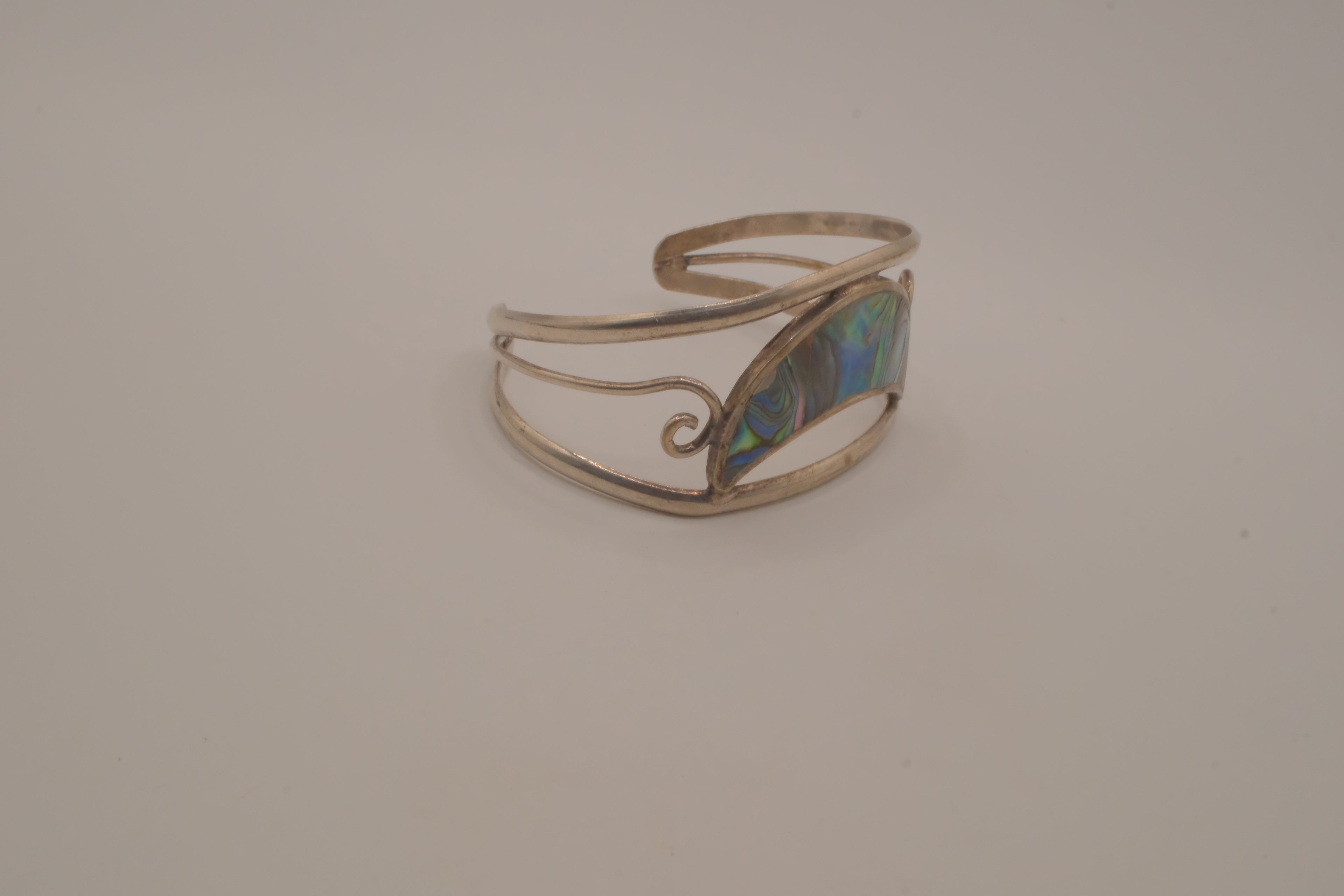 Vintage Mexican Alpaca silver Abalone crescent cuff bracelet