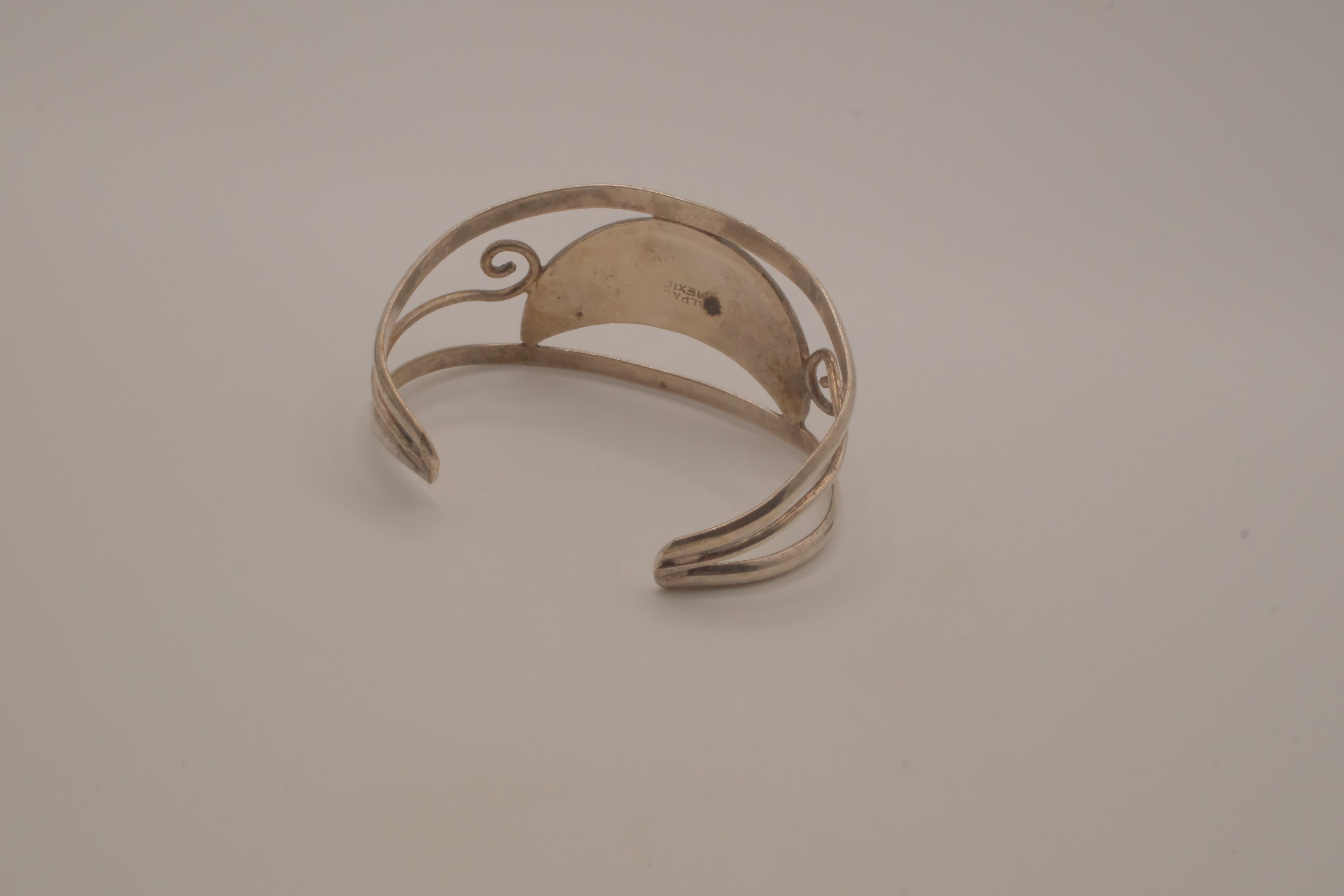 Vintage Mexican Alpaca silver Abalone crescent cuff bracelet