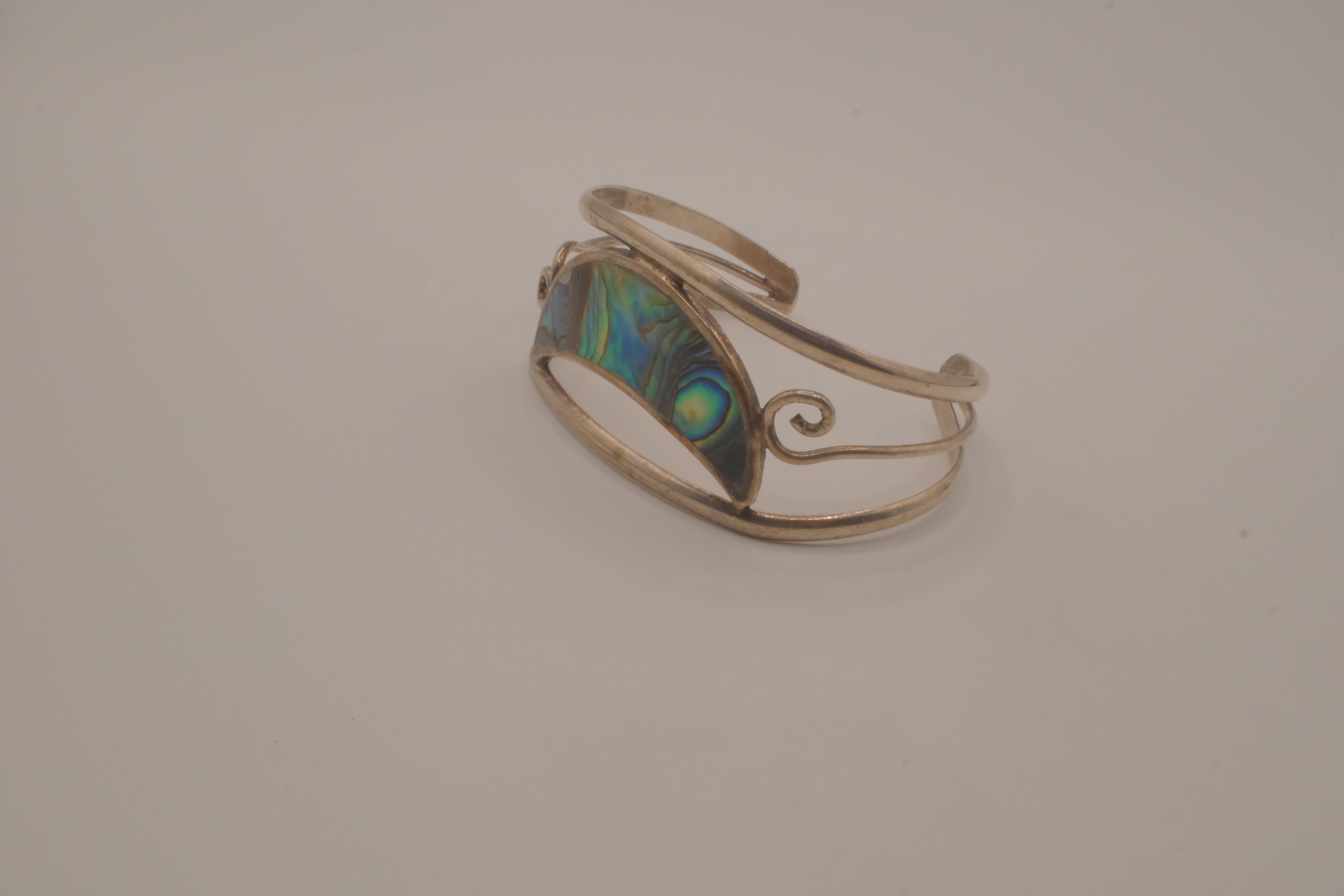 Vintage Mexican Alpaca silver Abalone crescent cuff bracelet