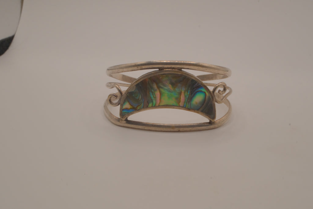 Vintage Mexican Alpaca silver Abalone crescent cuff bracelet