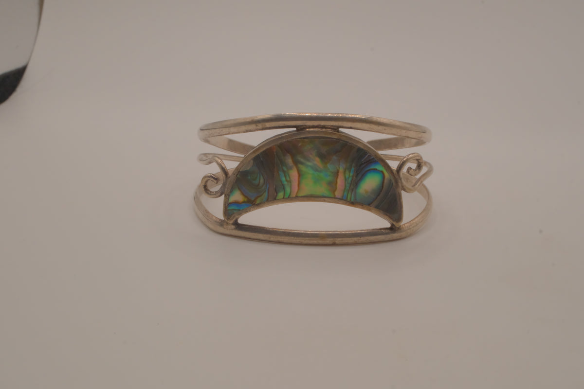 Vintage Mexican Alpaca silver Abalone crescent cuff bracelet