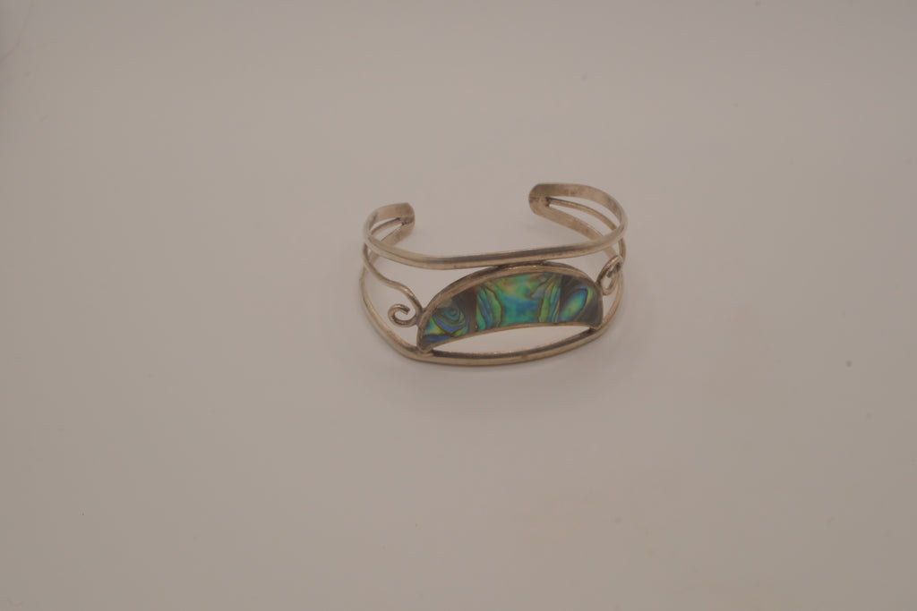 Vintage Mexican Alpaca silver Abalone crescent cuff bracelet