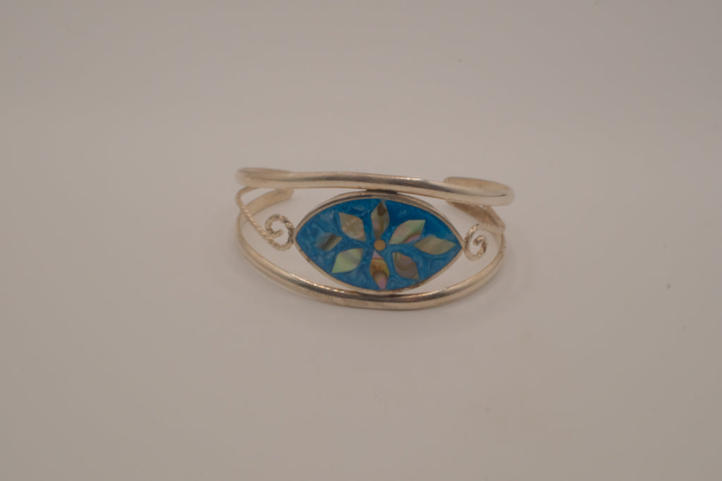 Vintage Mexican Alpaca silver Blue flower cuff bracelet