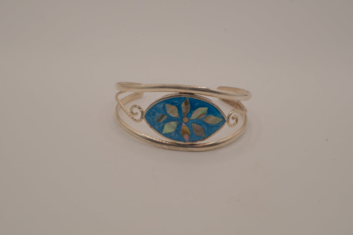 Vintage Mexican Alpaca silver Blue flower cuff bracelet