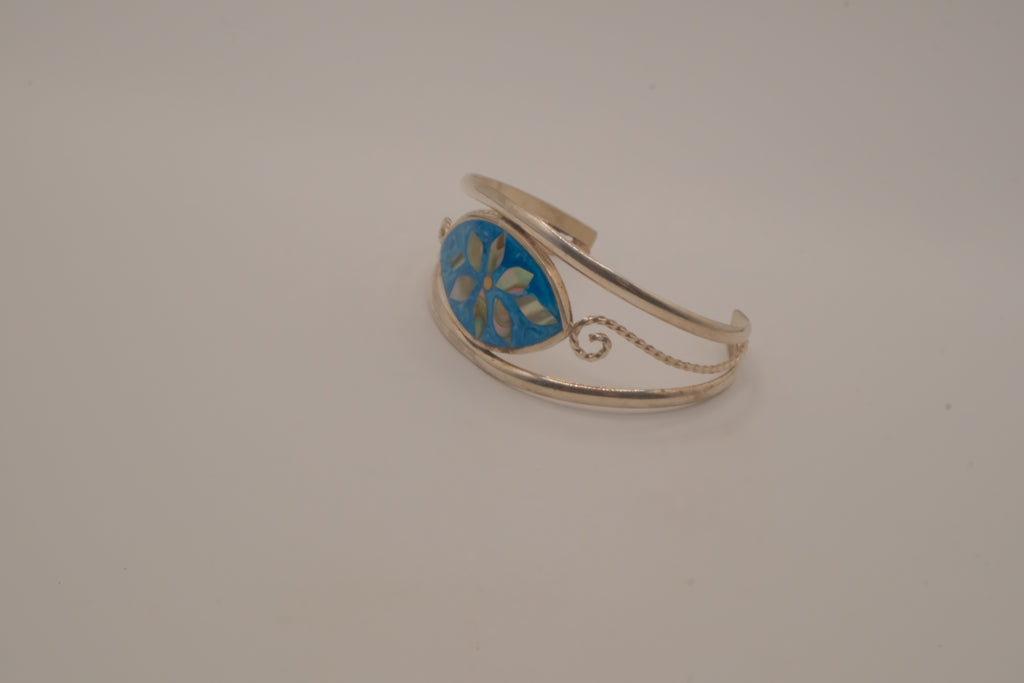 Vintage Mexican Alpaca silver Blue flower cuff bracelet