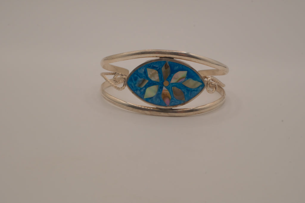 Vintage Mexican Alpaca silver Blue flower cuff bracelet