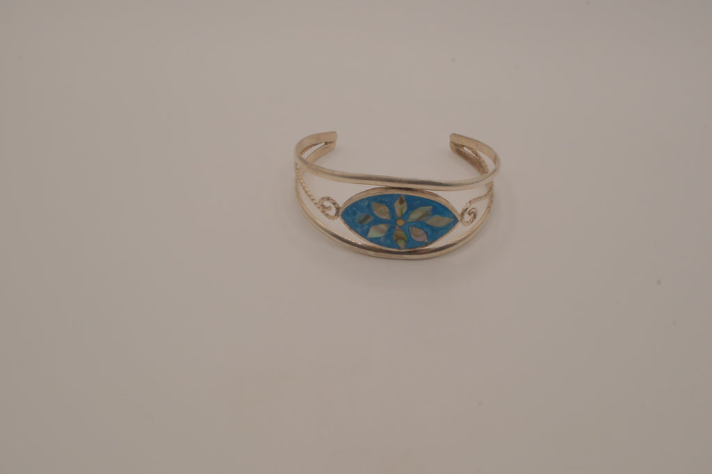 Vintage Mexican Alpaca silver Blue flower cuff bracelet