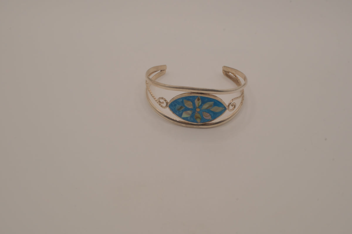 Vintage Mexican Alpaca silver Blue flower cuff bracelet