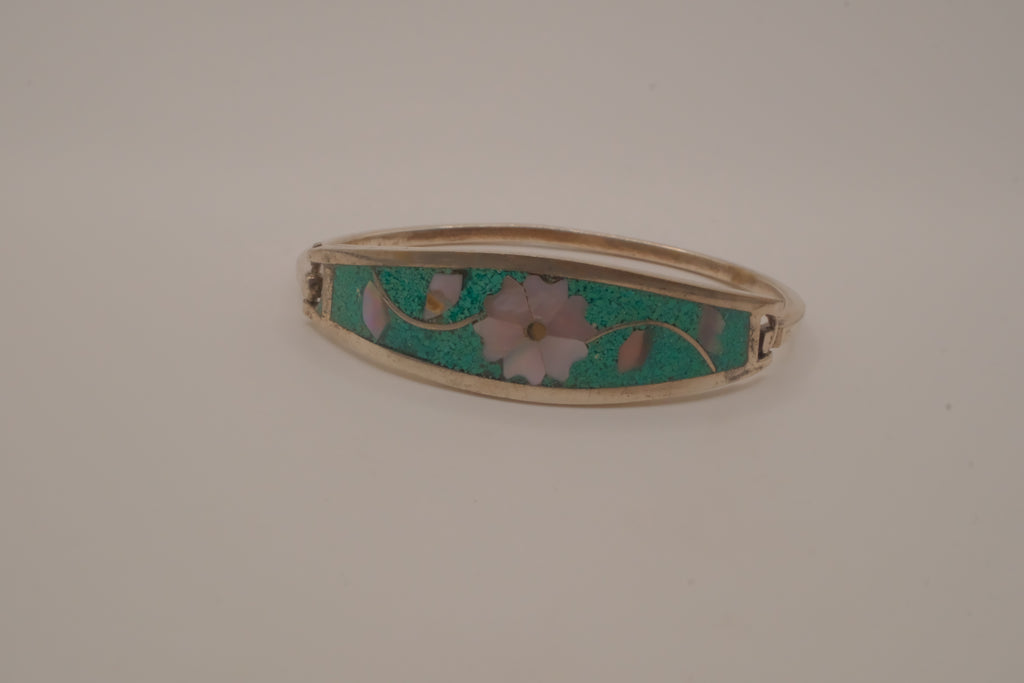Vintage Mexico Alpaca silver Green flowers hinged bangle bracelet