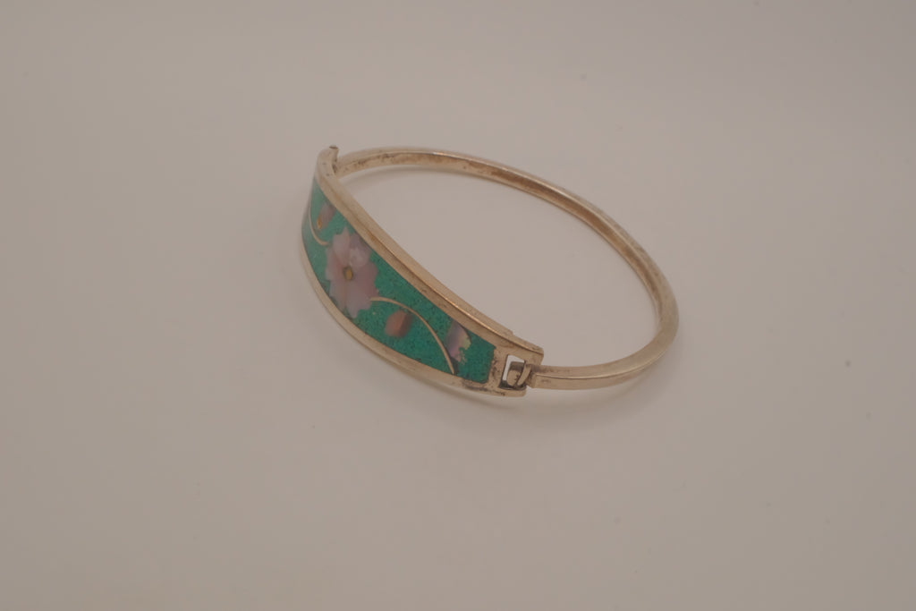 Vintage Mexico Alpaca silver Green flowers hinged bangle bracelet