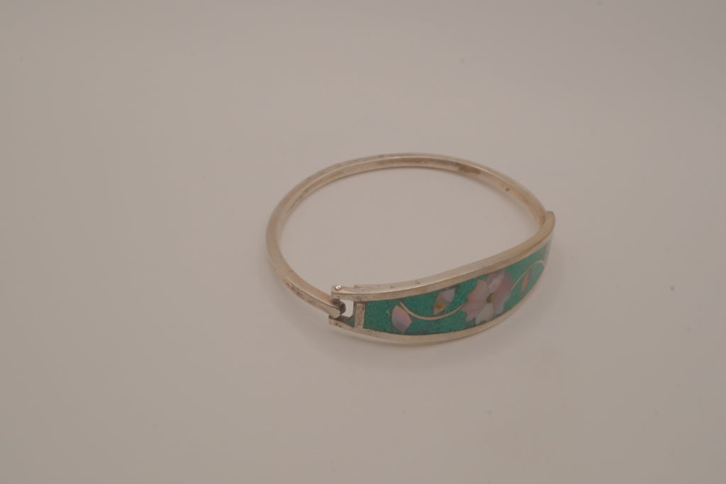 Vintage Mexico Alpaca silver Green flowers hinged bangle bracelet