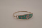 Vintage Mexico Alpaca silver Green flowers hinged bangle bracelet