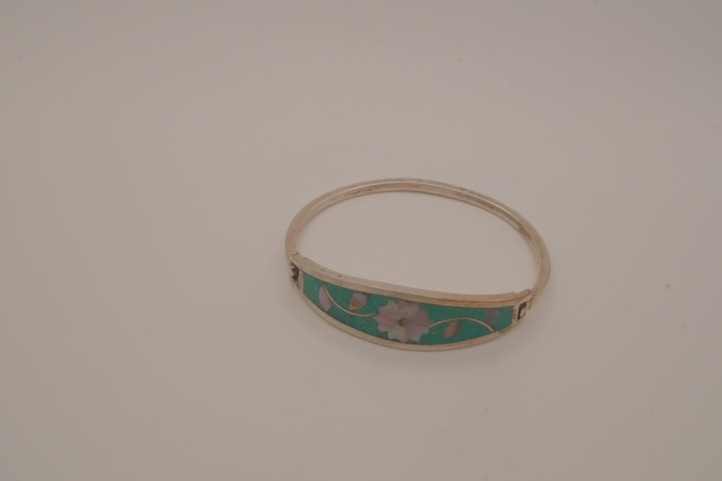 Vintage Mexico Alpaca silver Green flowers hinged bangle bracelet