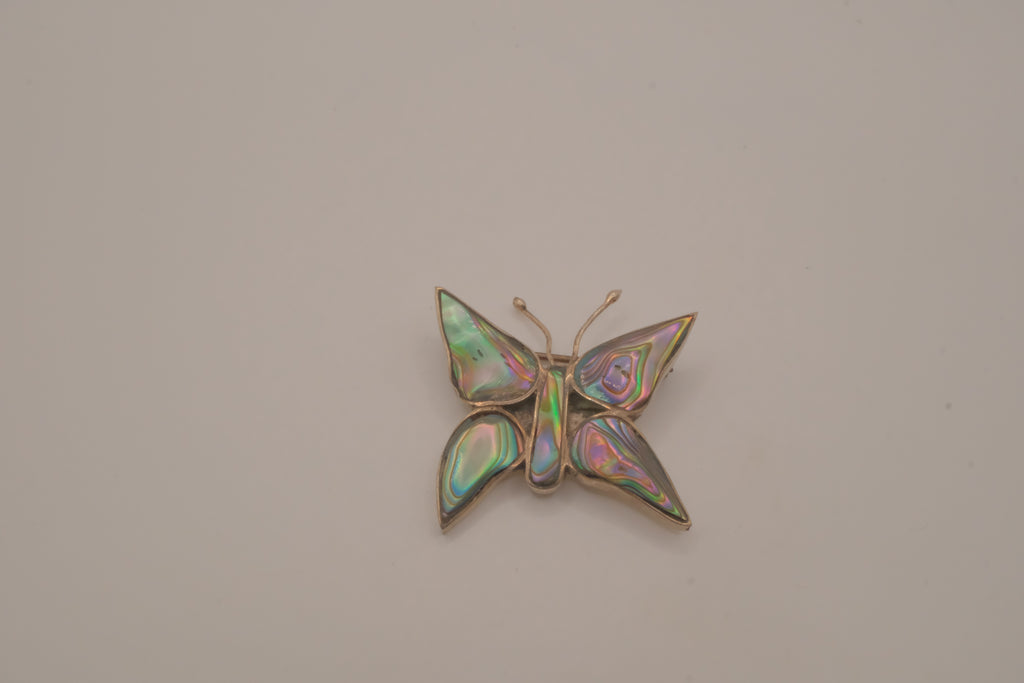 Vintage Mexican alpaca silver abalone shell butterfly brooch