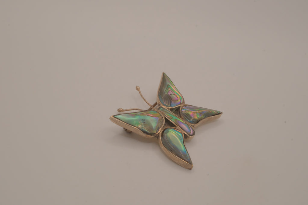 Vintage Mexican alpaca silver abalone shell butterfly brooch