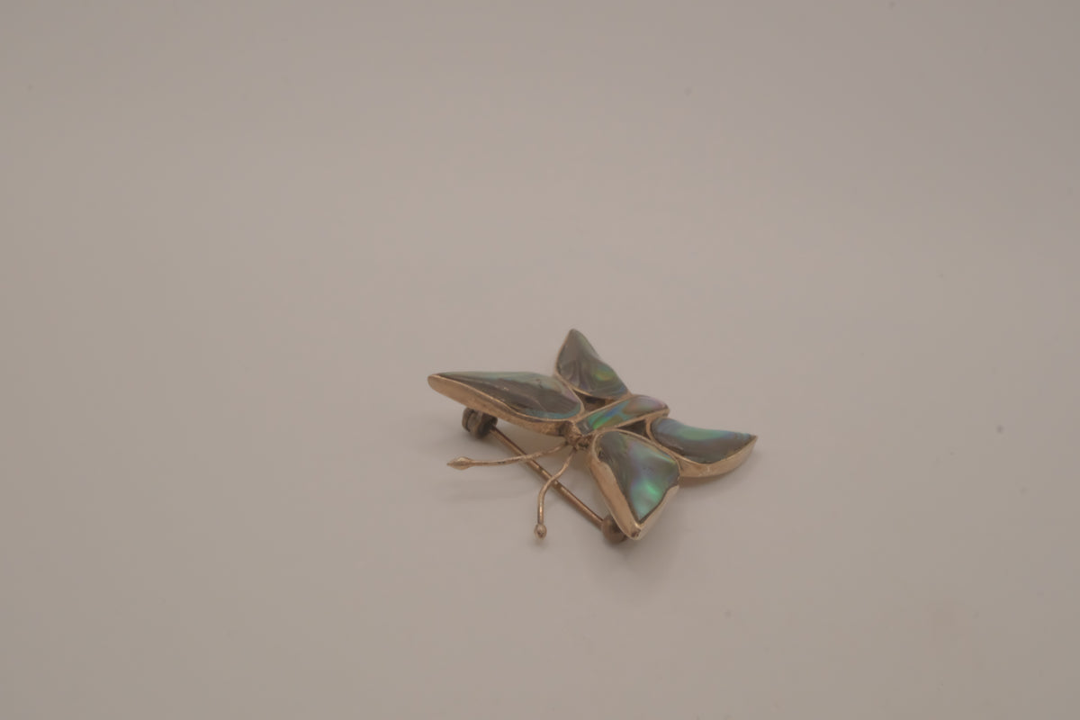 Vintage Mexican alpaca silver abalone shell butterfly brooch
