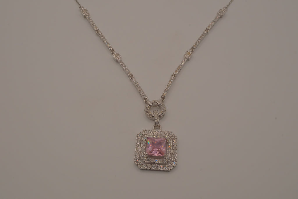 Silver tone Pink stone halo pendant necklace