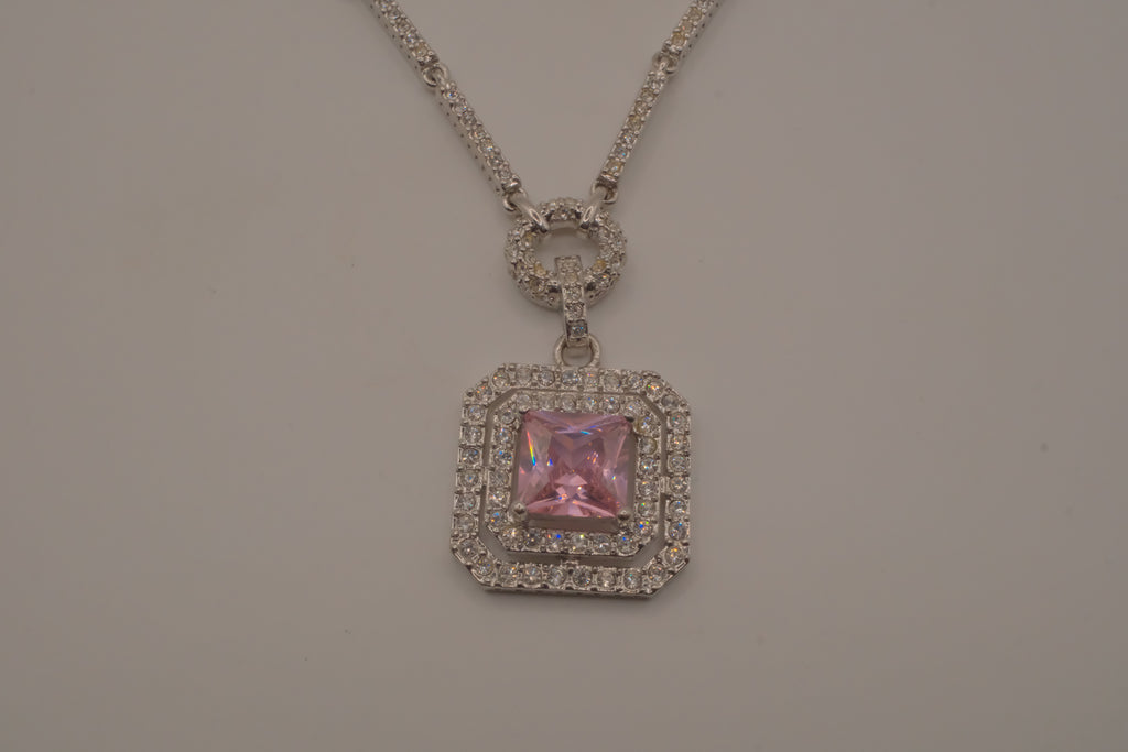 Silver tone Pink stone halo pendant necklace