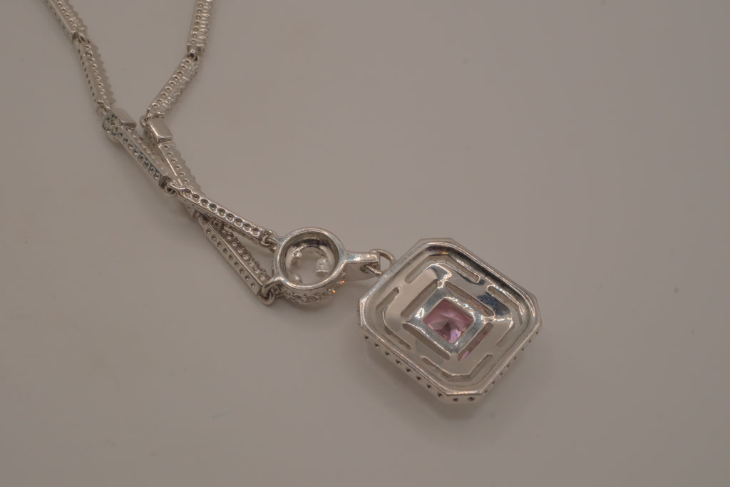 Silver tone Pink stone halo pendant necklace