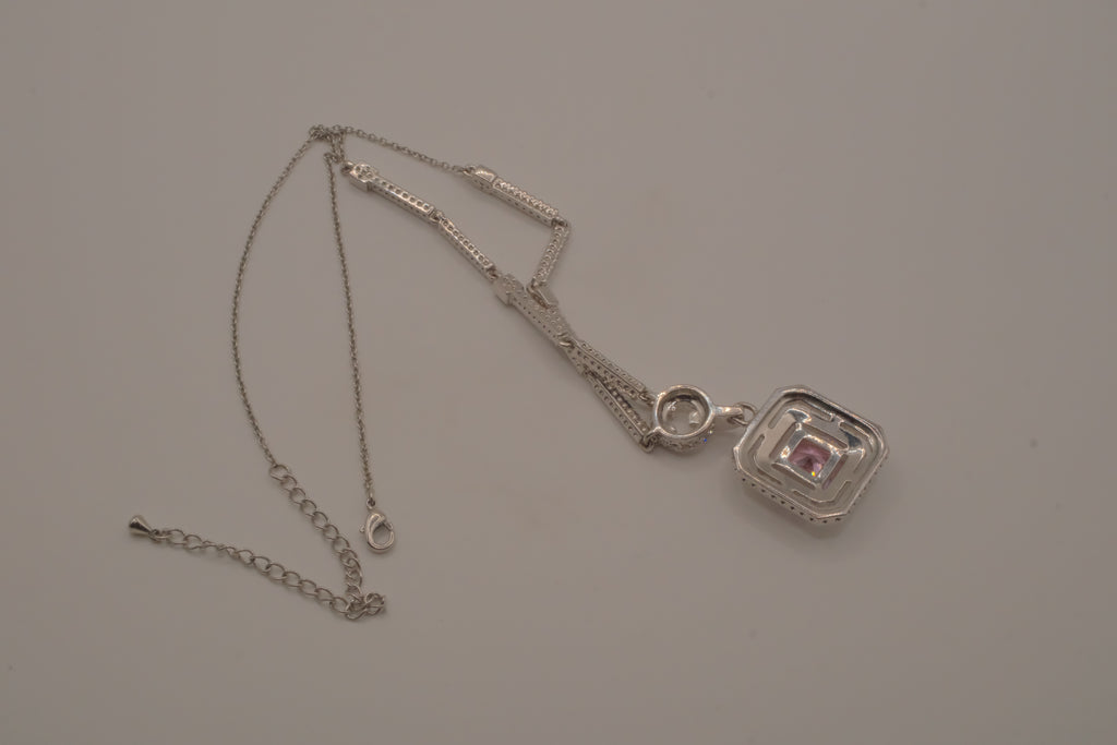 Silver tone Pink stone halo pendant necklace