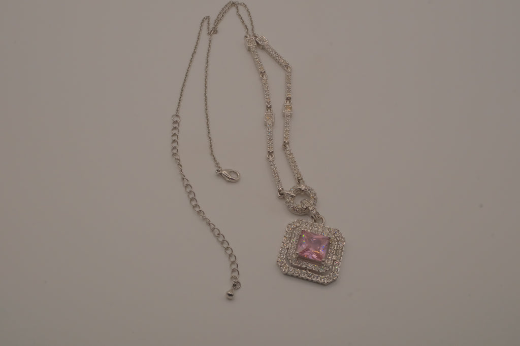 Silver tone Pink stone halo pendant necklace