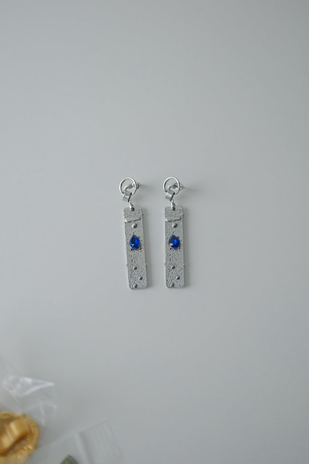 Hammered Silver and Blue Stone Drop Earrings