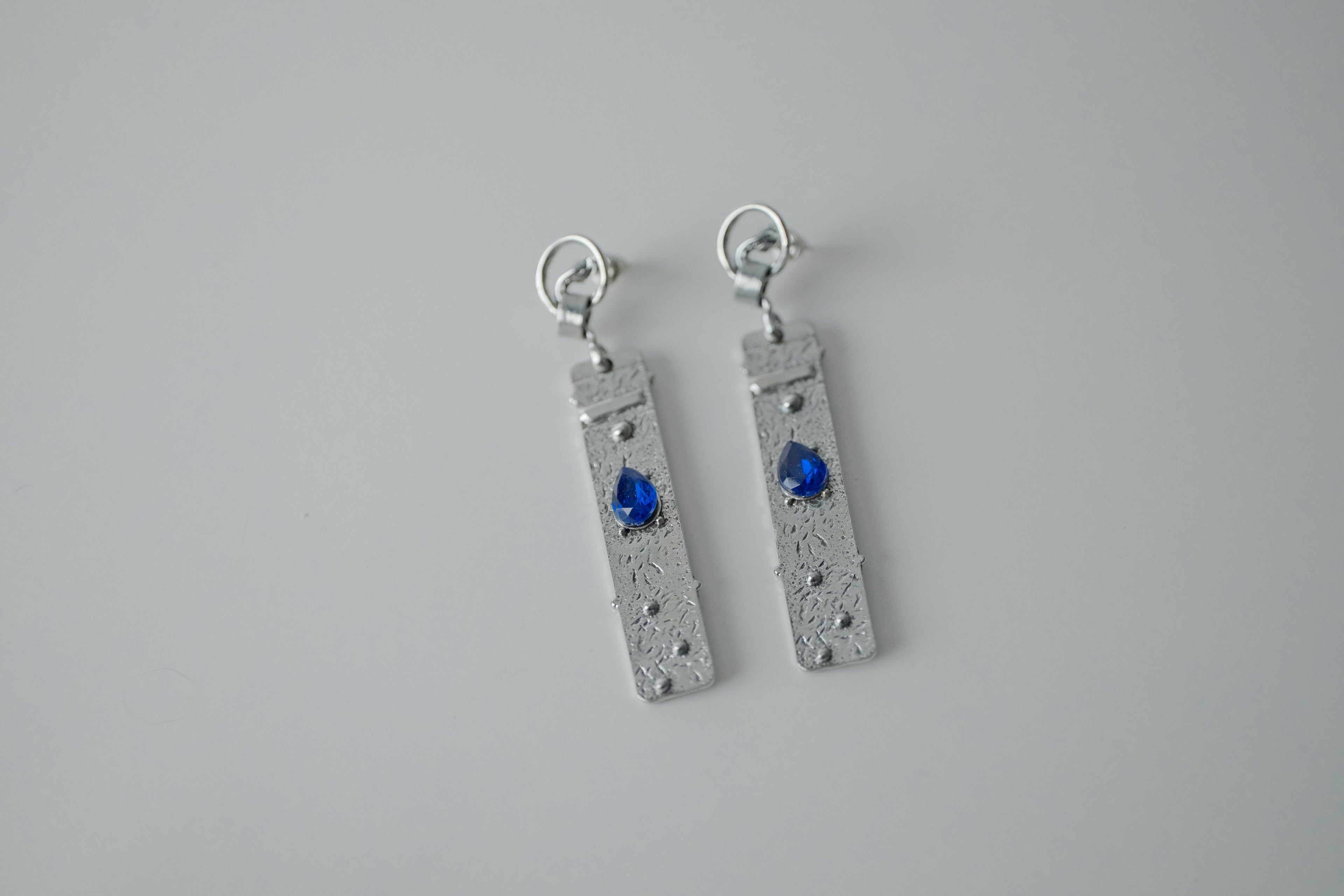 Hammered Silver and Blue Stone Drop Earrings
