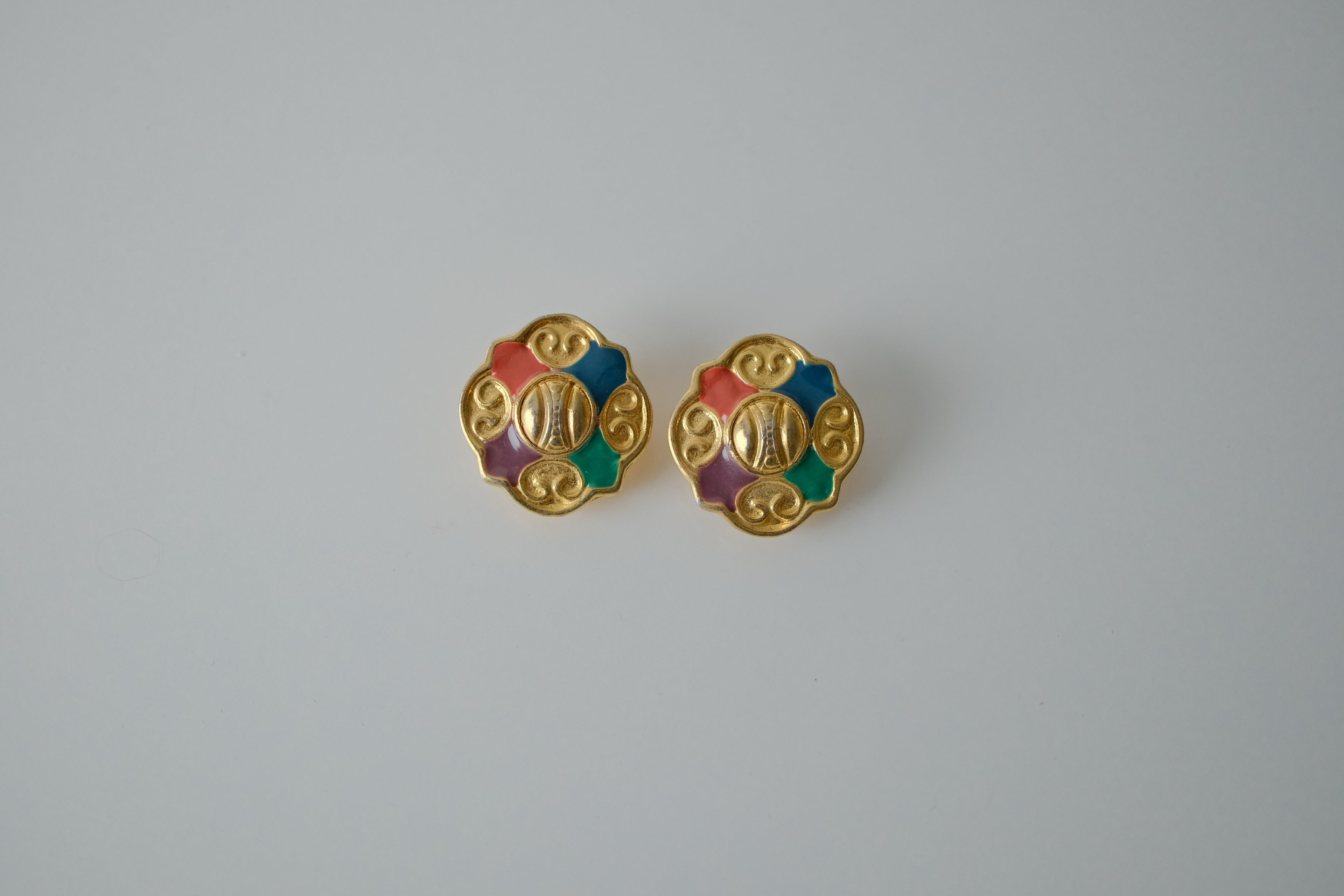 Vintage Gold Multi-Colored Enamel Clip Earrings