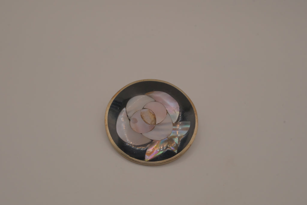 Vintage Mexican Alpaca silver Mother-of-Pearl circular brooch and Pendant