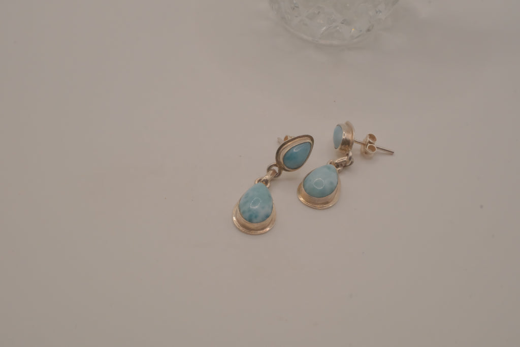 Sterling silver Larimar double teardrop drop eearrings