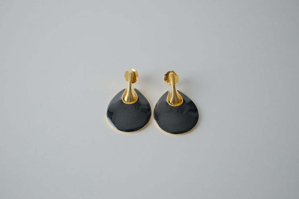 Vintage Gold Onyx Enamel Teardrop Earrings