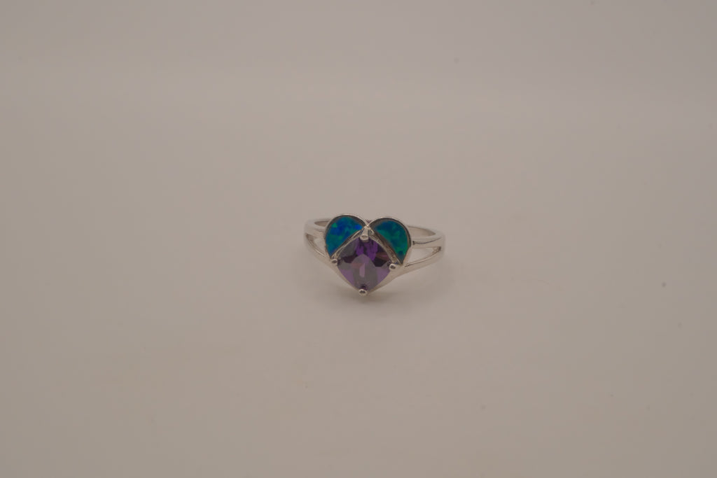 Sterling silver Amethyst and Opal heart ring