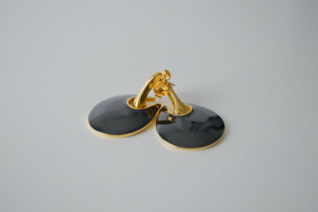 Vintage Gold Onyx Enamel Teardrop Earrings