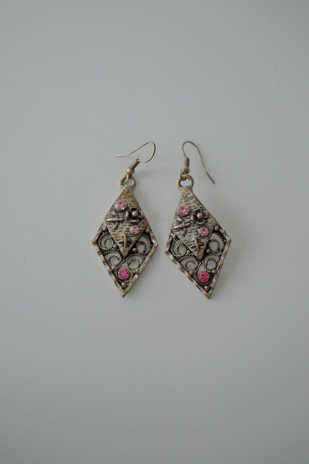 Vintage Silver Filigree with Pink Rhinestones Earrings