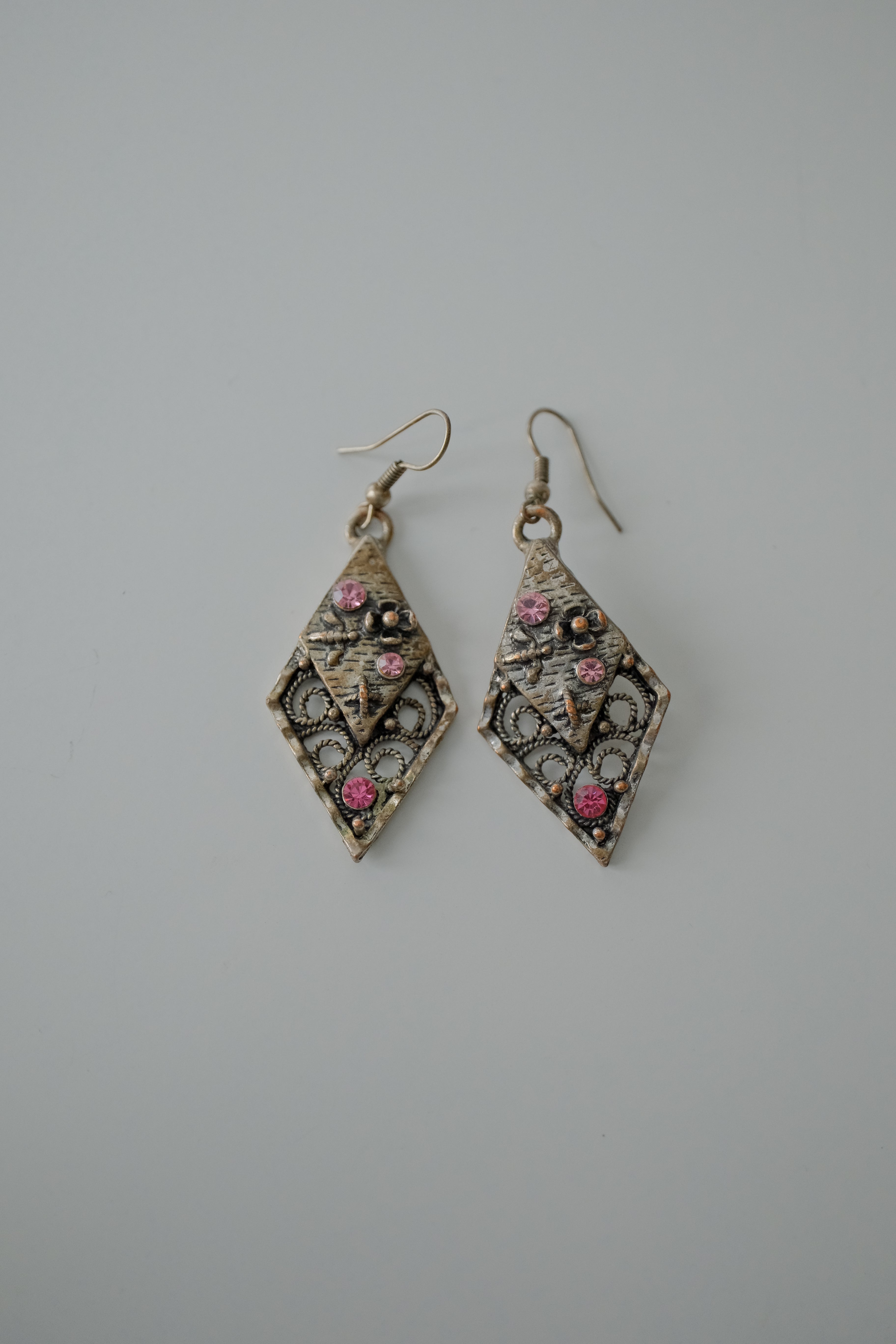 Vintage Silver Filigree with Pink Rhinestones Earrings