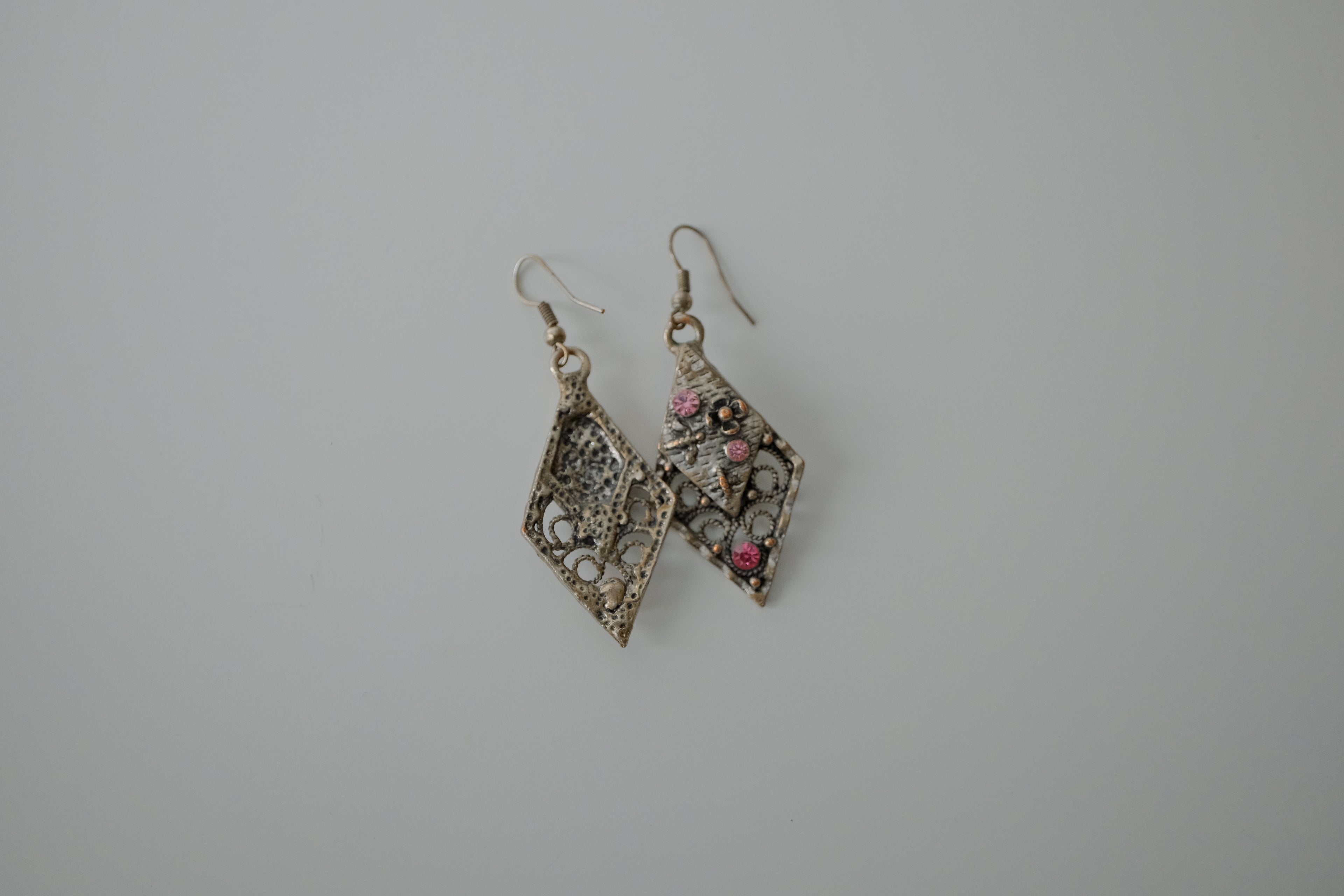Vintage Silver Filigree with Pink Rhinestones Earrings
