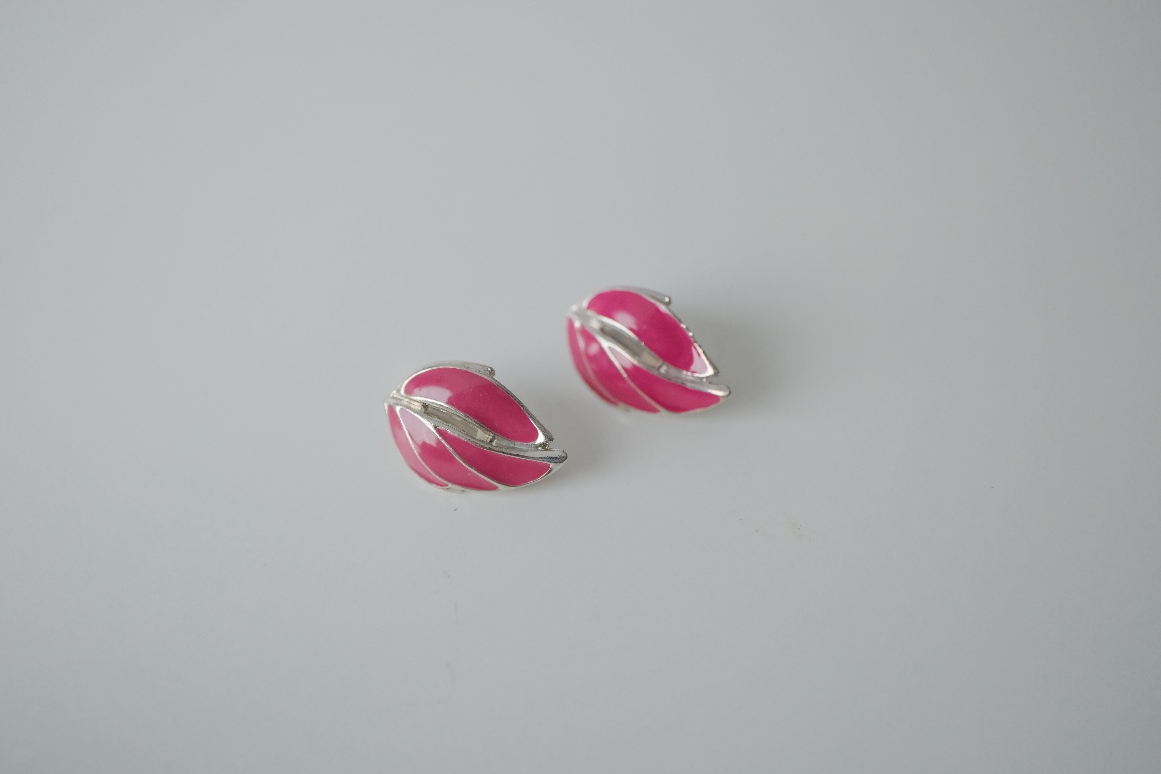 Vintage Pink Enamel Leaf Clip-On Earrings  Silver tone