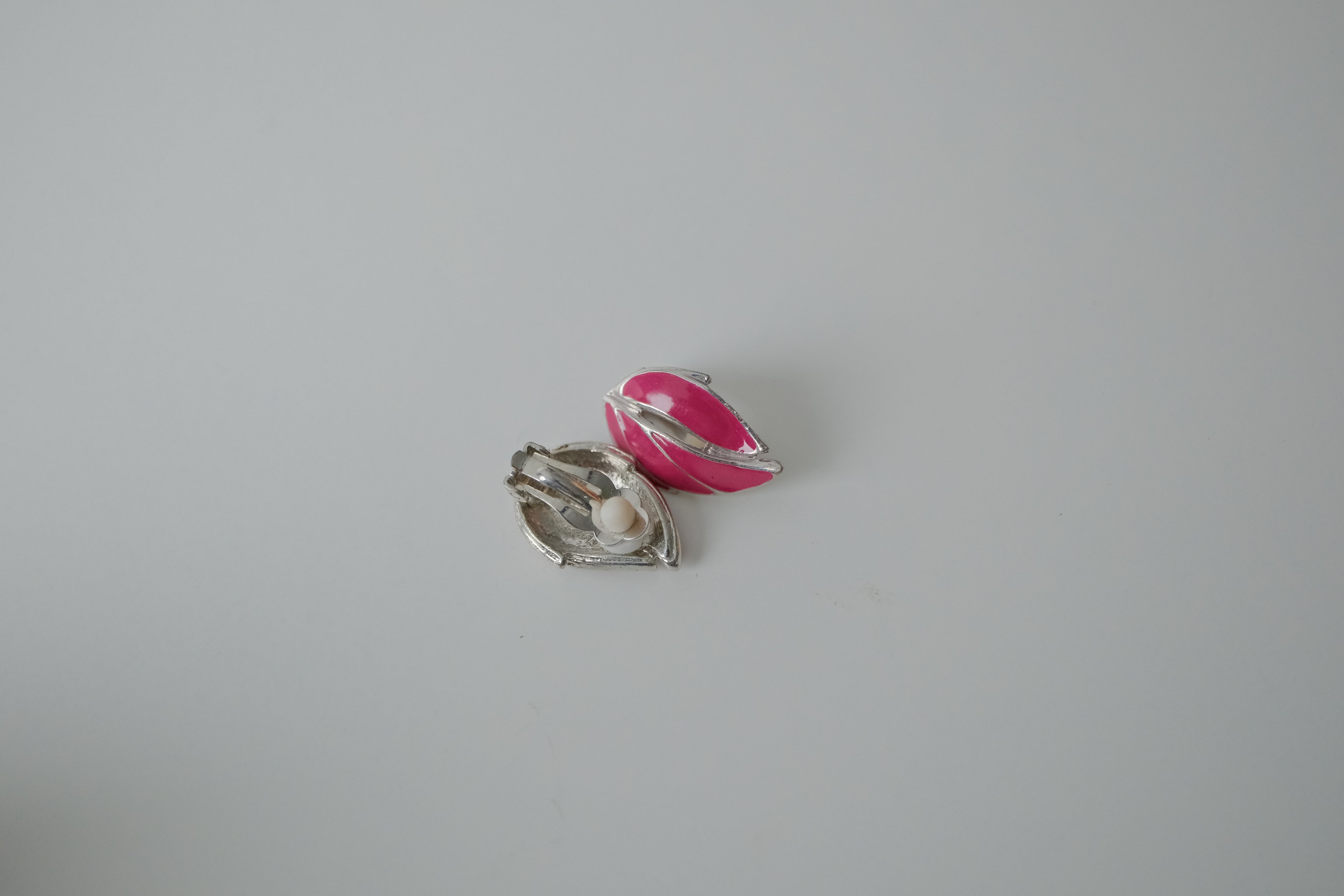 Vintage Pink Enamel Leaf Clip-On Earrings  Silver tone