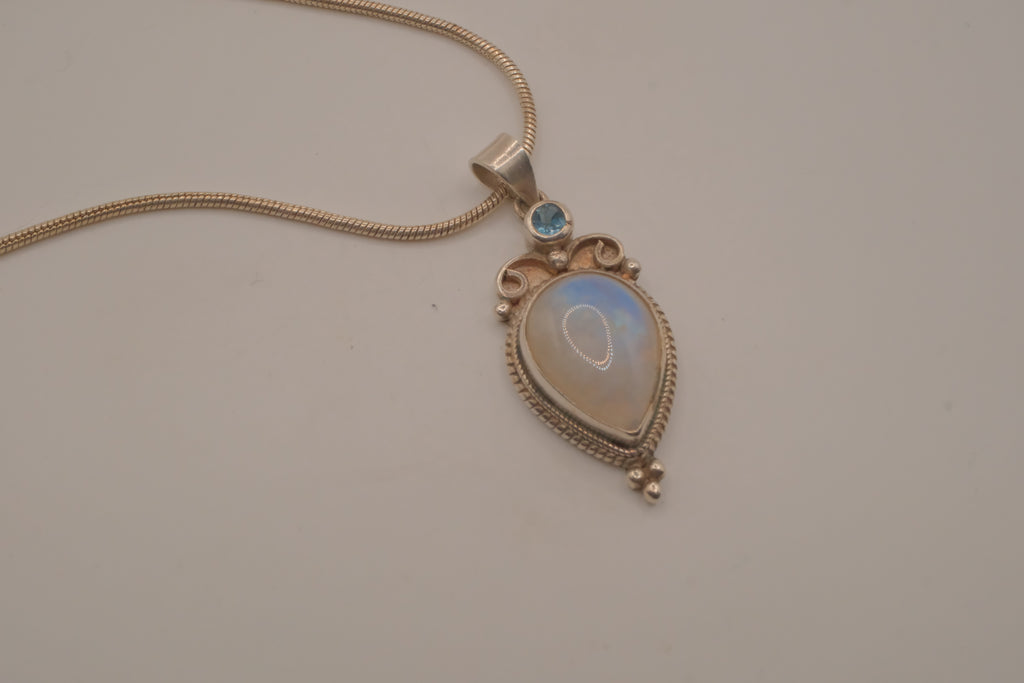 Sterling silver teardrop rainbow moonstone pendant necklace