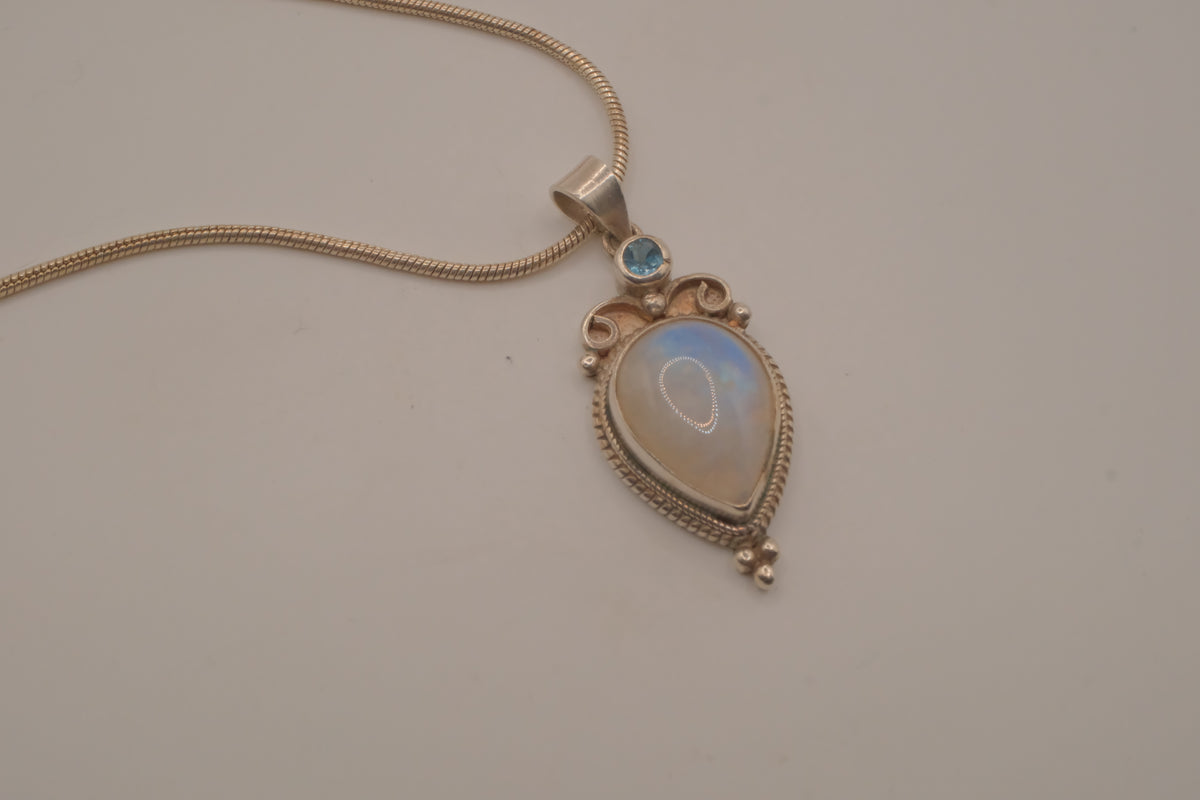 Sterling silver teardrop rainbow moonstone pendant necklace