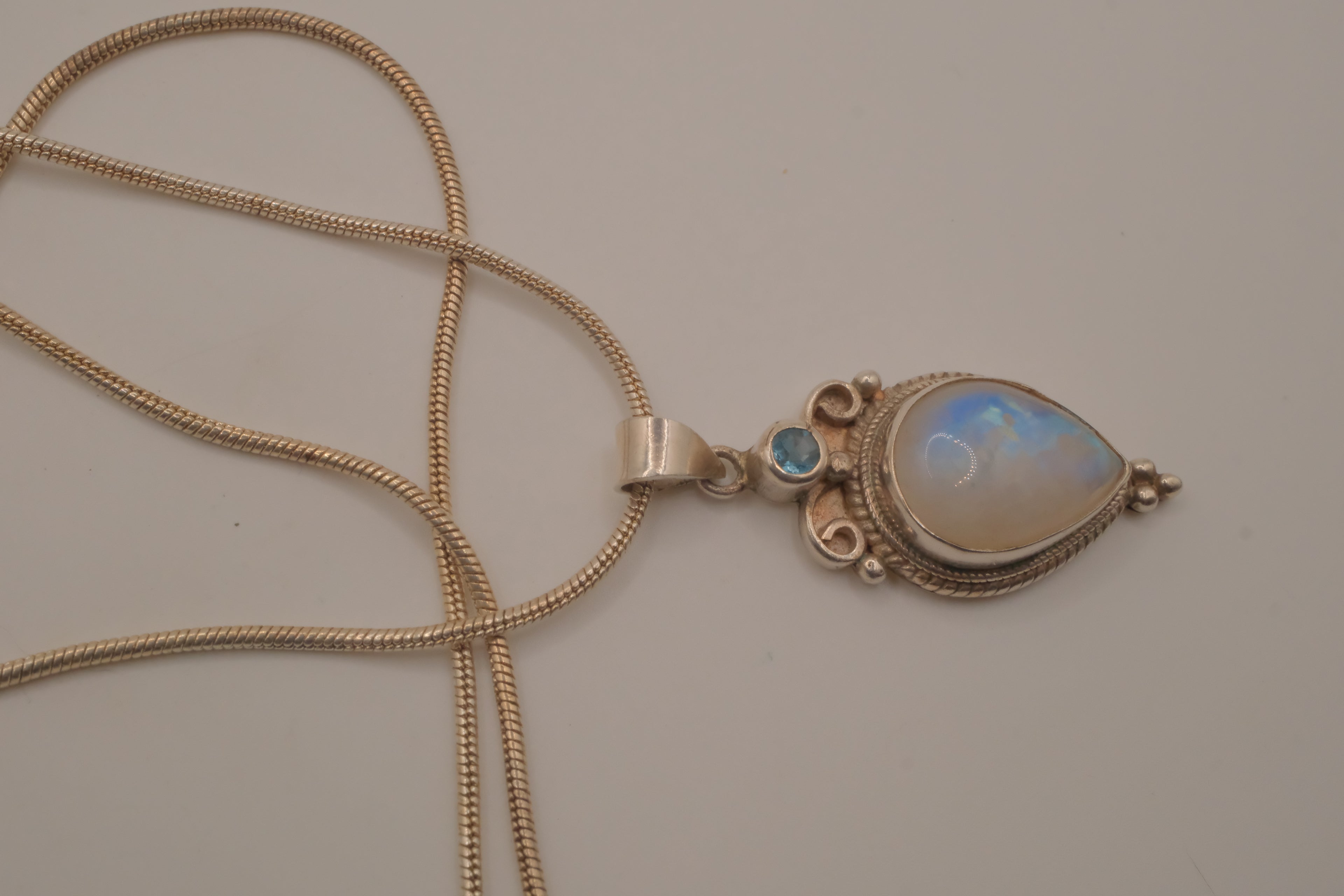 Sterling silver teardrop rainbow moonstone pendant necklace