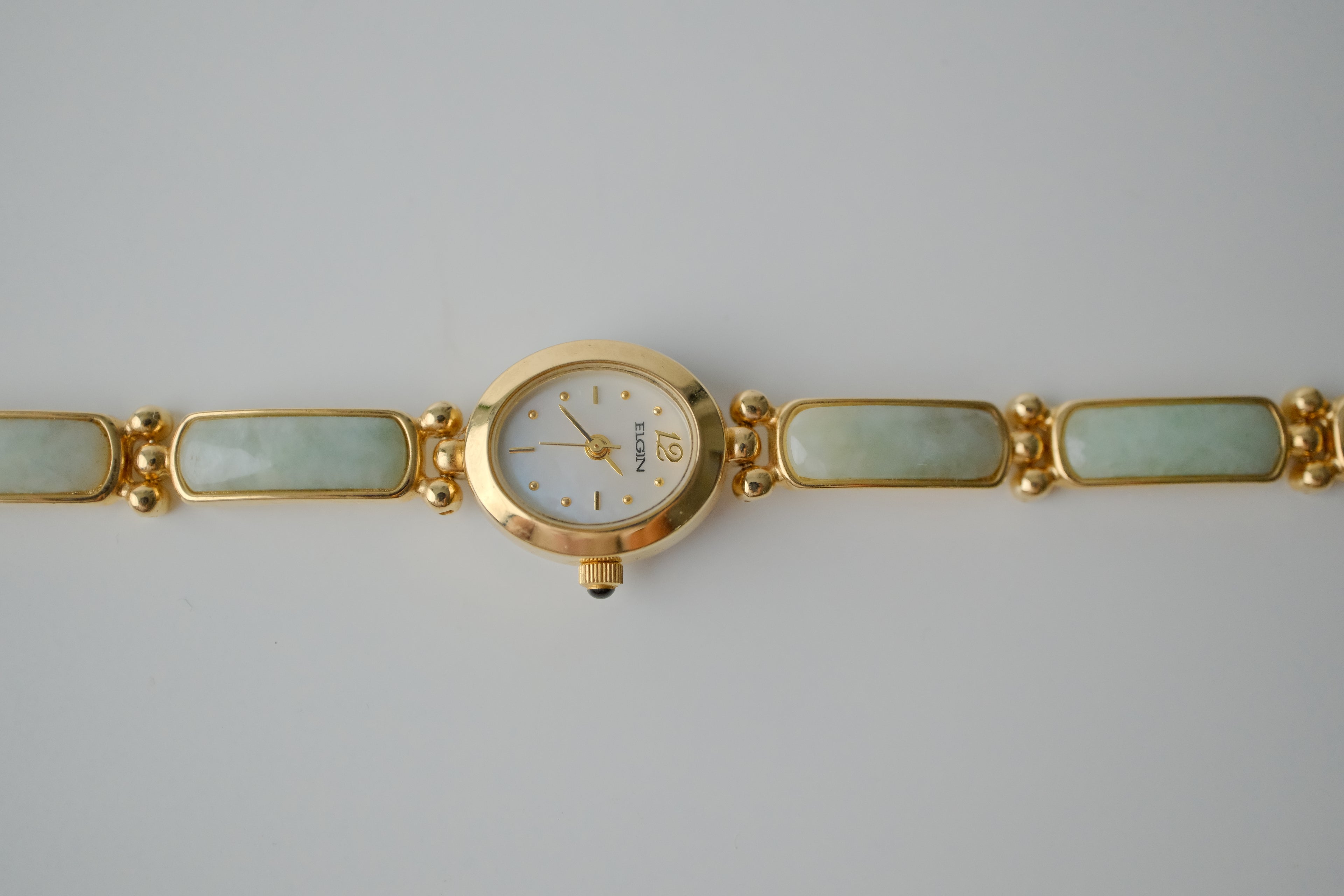 Vintage Elgin Green Jade Gold Watch Bracelet