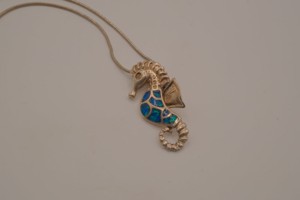 Sterling silver Opal seahorse pendant necklace