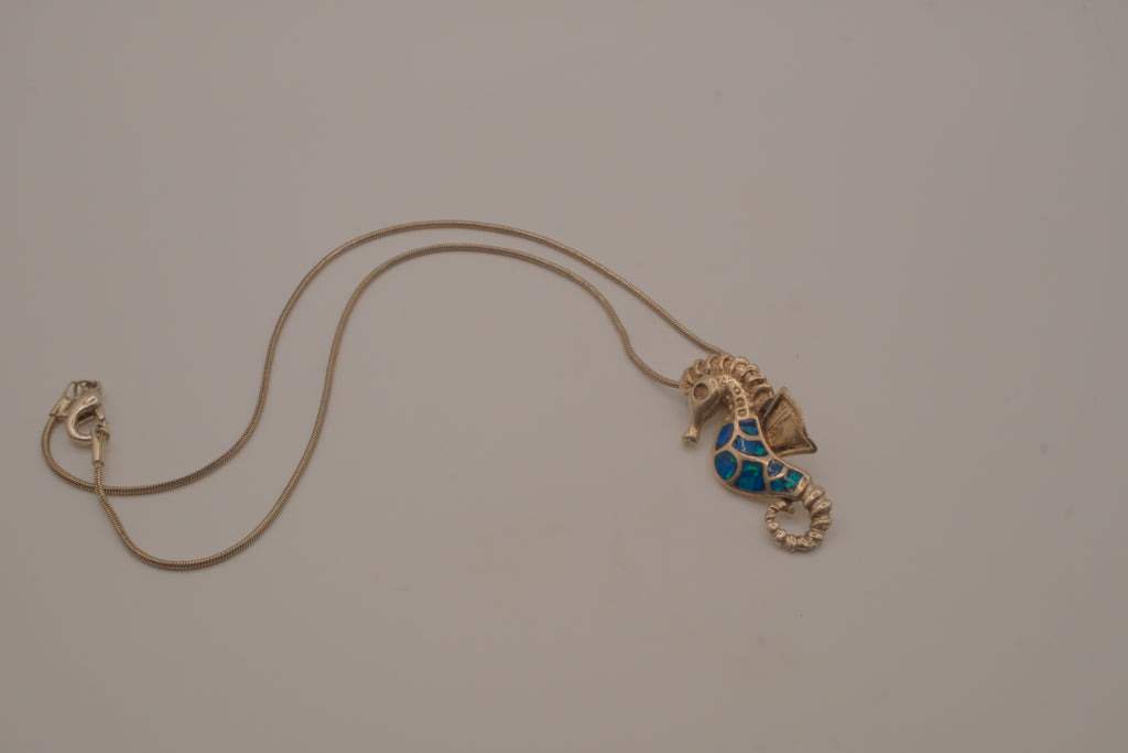 Sterling silver Opal seahorse pendant necklace